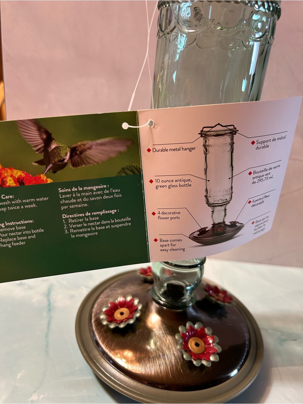 Antique-Style Green Glass and Bronze Hummingbird Feeder - Picture 4 of 5